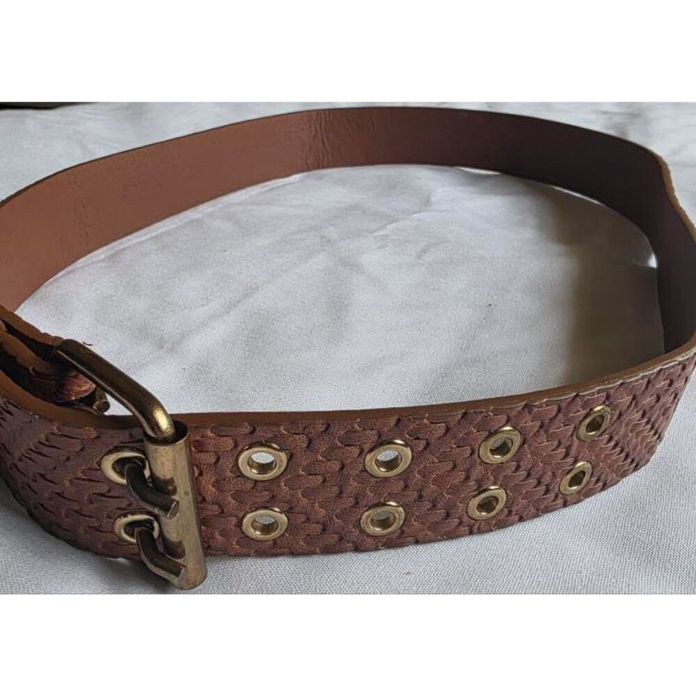 Brown Embossed Wide Waist Belt Double Grommet Boho Western Festival Size M/L